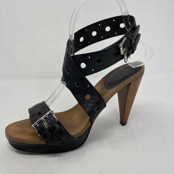 TODS Sandals Womens 37 US 7 Black Leather Ankle Strap Heels Wood 4" Heel - Picture 1 of 16